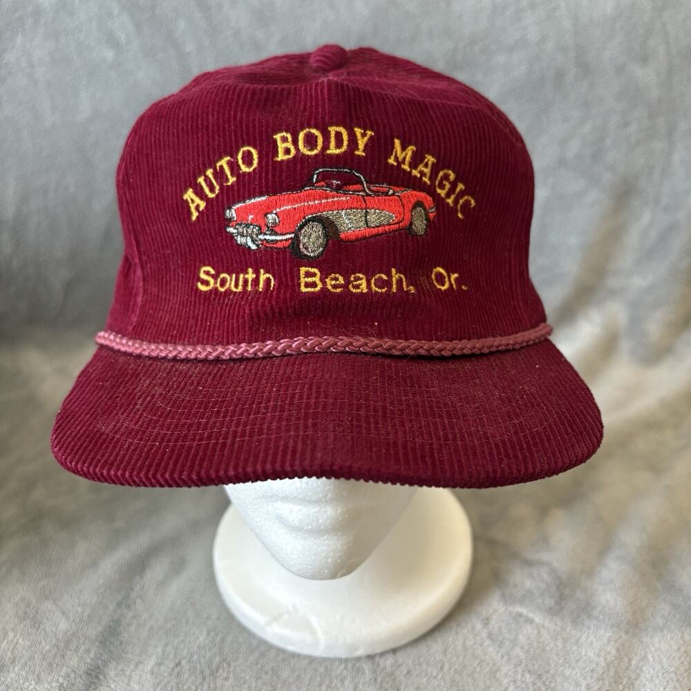 Vtg Amapro Corduroy Hat Auto Body Magic Logo‎ Rope Brim Embroider South Beach OR